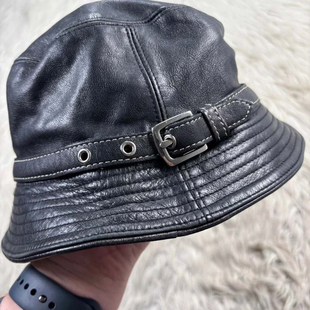 Vintage Y2K Coach Women's S Black Leather Bucket Hat Designer Cool Girl Street
